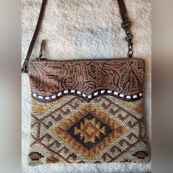 MYRA BAG IN COTTON AND LEATHER MADE IN INDIA COUNTRY WESTERN COWGIRL VIBE - Picture 3 of 13